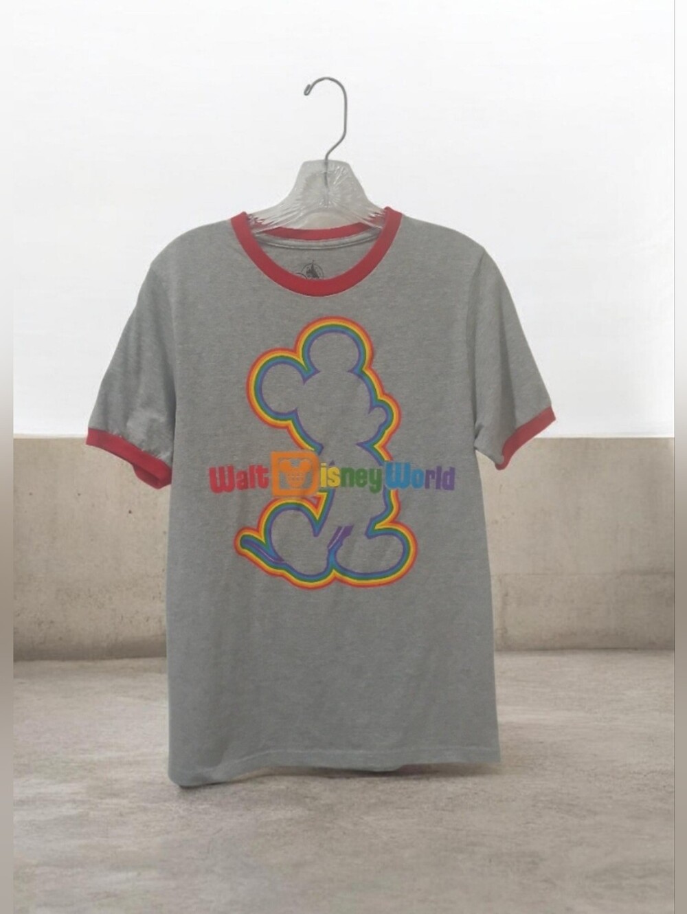 Walt Disney World Pride Mickey Rainbow ringer t-shirt in gray with red trim.